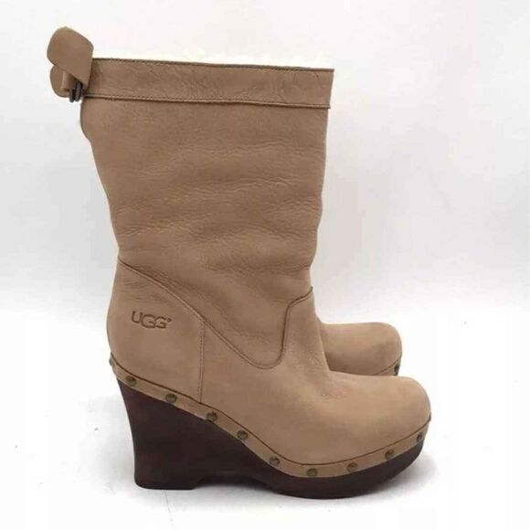 UGG Women's Carnegie Beige Tan Mid-Calf Wedge Platform Boots - Size 6 - Picture 1 of 7